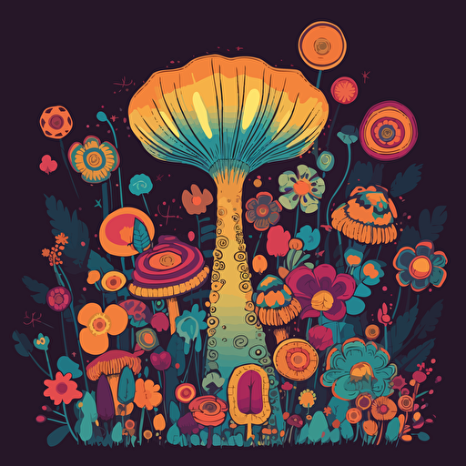 2d Vector image, Colourful, Mushroom and flowers, Stylised