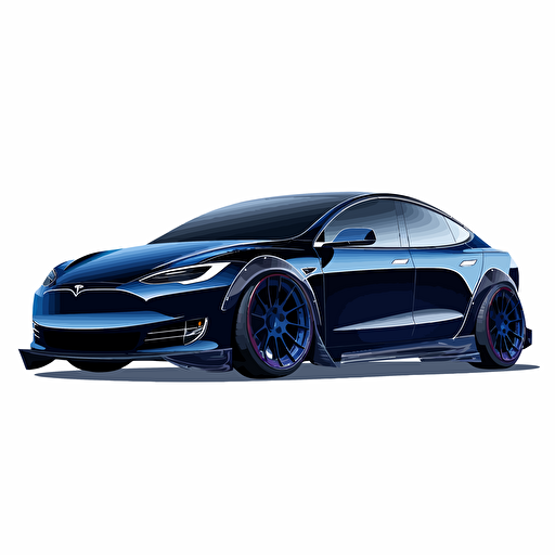 crazy dark blue modern telsa s hot rodded out in vector minimalism on white background with crazy big giant rapper style wheels