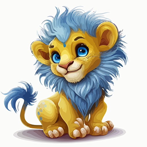 A gorgeous yellow and blue baby fur lion, smiling, white background, vector art , pixar style