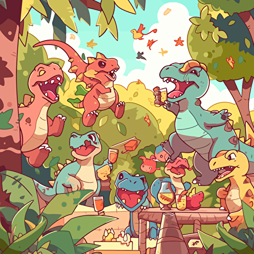 dinosaur friends partying outside on a nice day vector 2d creative artistry digital art