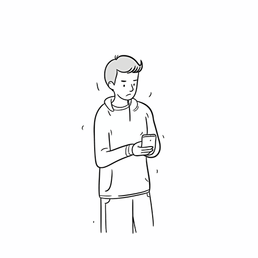 Person with a smartphone, white background, line drawing illustration, vector, simple, minimalist, whimsical and lively, cartoon mis-en-scene