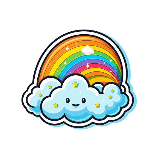 A bright and cheerful sticker that features a vibrant rainbow with clouds on either end., Sticker, Adorable, Tertiary Color, Cartoon, Contour, Vector, White Background, Detailed