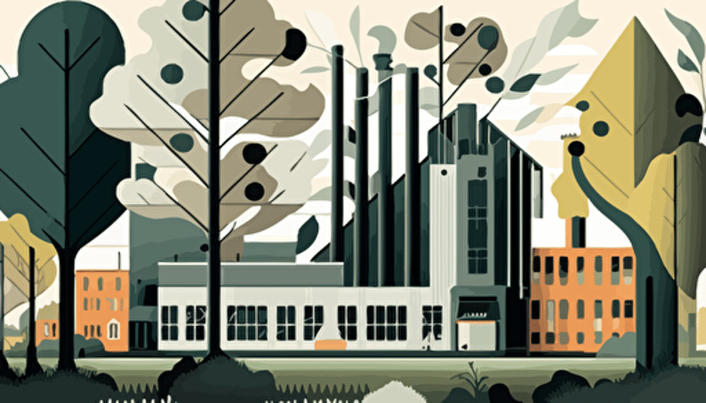 industrial buildings and trees landscape, flat vector art style, illustration, very detailed, by Keith Negley,