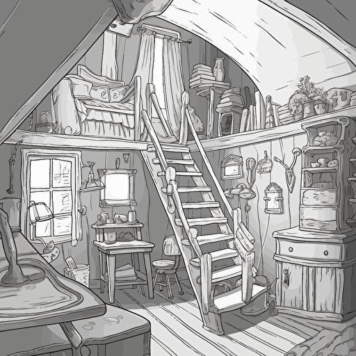 a tall whimsical medieval hobbit grandma's attic, in a flat 2d vector style, black and white, no perspective