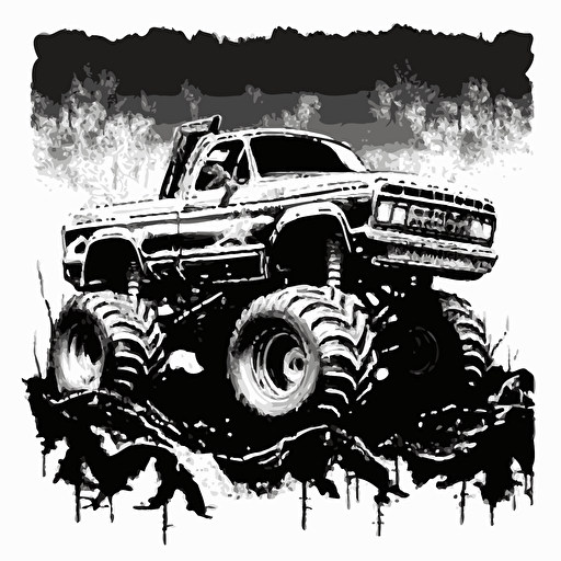 simple Ford f150 Bigfoot monster truck driving over crushed cars black and white vector clipart