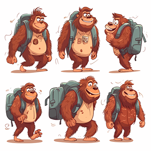cute childish bigfoot looking straight ahead with a school bag on his back, vector style, multiple poses and expressions, white background