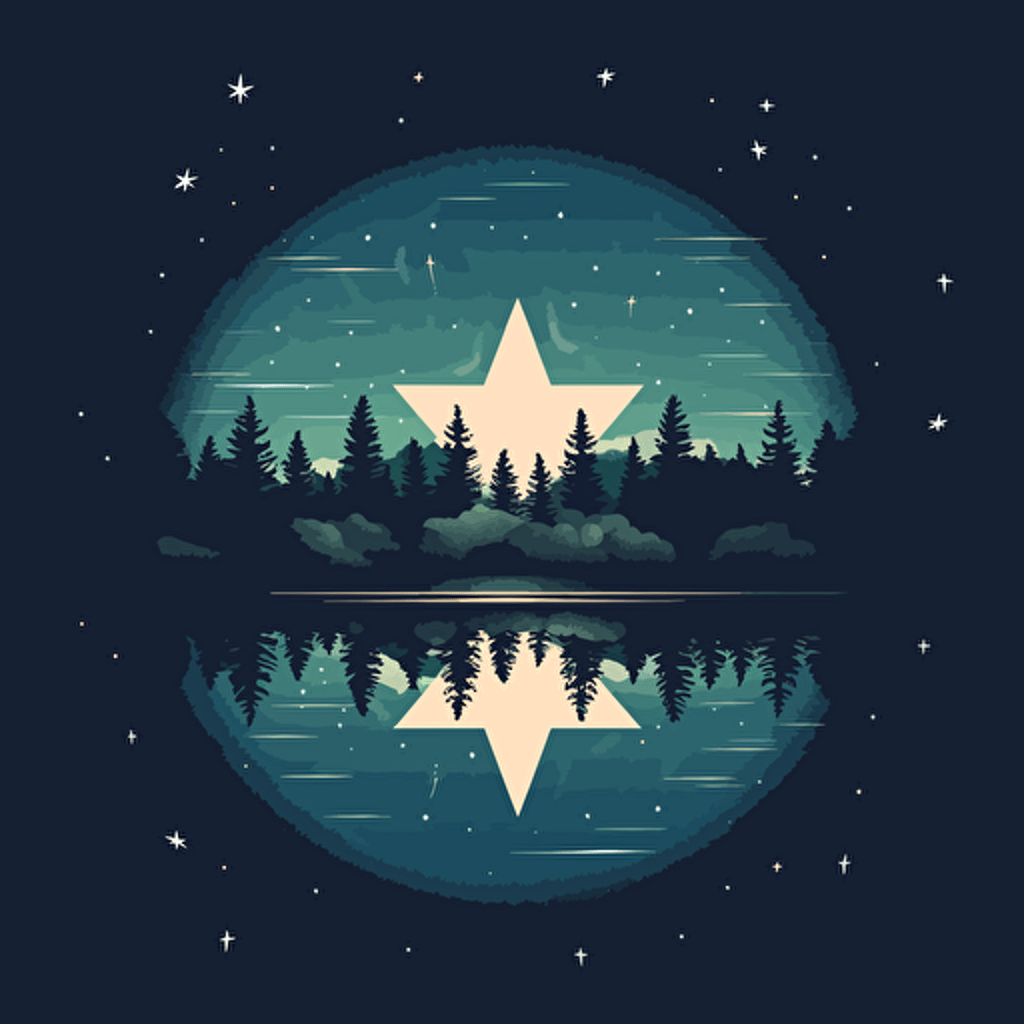 5 point star in the sky over a lake, pine trees, sketch art, logo design, vector style image, adobe illustrator style design, minimalistc, inspirational,