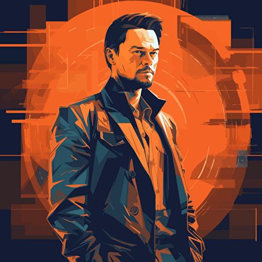 2D vector Jordan Belfort (Leonardo DiCaprio) in minimalism cyberpunk style and in orange colors. Dark background