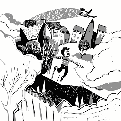 Little boy flying above houses and trees. black and white vector illustration. Cheerful image