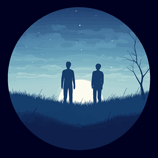 silhouette of two friends standing in an open field at night, vector art style, art inside a circle, blueish Color scheme, sad,