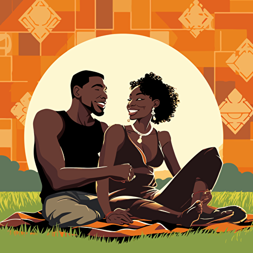 dojinshi manga style, ecchi, black flirty couple, summerpinic ,black busty lady wearing a bikini, black man extremly muscular, laughing, flirty, sexy, they sit passionately on pinic blanket on grass, iconic, Atlanta, Georgia, warm and earth tones, vector, high res, art directed by Art Paul