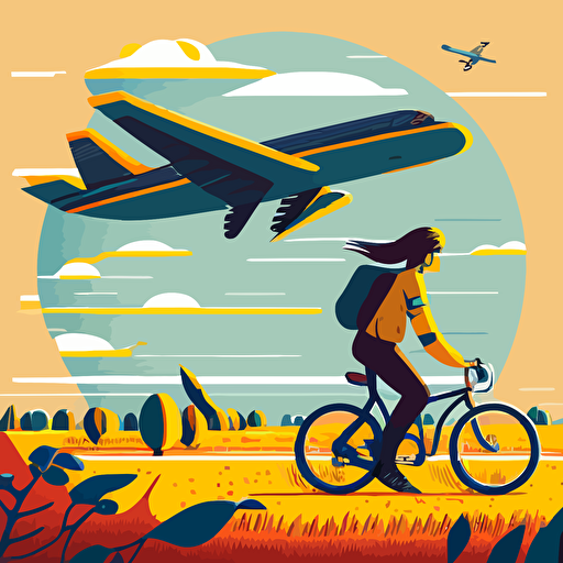 minimalistic illustration style girl riding bicycle in ukraine with plane Mriya flying on the background optimistic scenes of life calm colour palette 2D vector, Andrew Lyons style