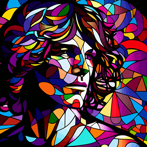 vector, shoulder legnth shaggy wavy hair, colorful stained glass background