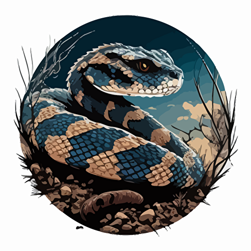 vector art of a coiled diamondback rattlesnake showing its tail ready to strike terrifying snake, white blue harsh contrast lighting circle frame white background
