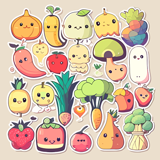 sticker collection with animals fruits and vegetables, kawaii, contour, vector, white