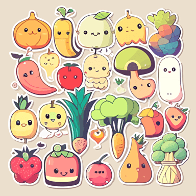 sticker collection with animals fruits and vegetables, kawaii, contour, vector, white