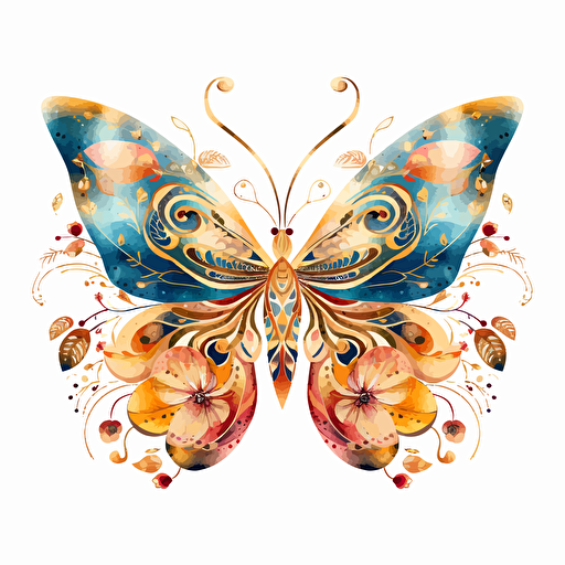 whimsical floral butterfly design in Gold, watercolor, detailed, vector
