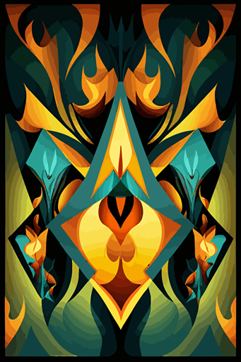 mango inferno, symmetry, symmetrical, Neo-Cubism, layered overlapping geometry, geometric fauvism, layered geometric vector art, maximalism; V-Ray, angular oil painting