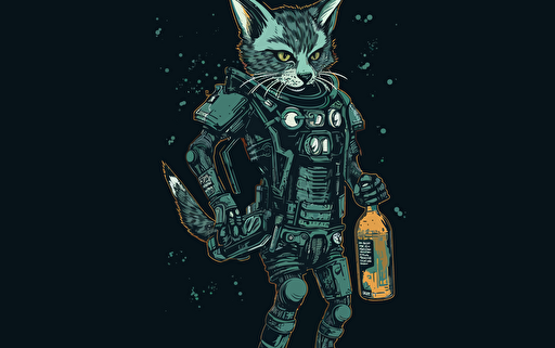 diagrammatic vector of one anthromoporphic cat dressed in sci-fi cyberpunk with a weapon on back and beer bottle in hand