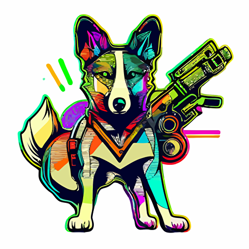 futuristic soldier dog with pistols, Sticker, Hopeful, Tertiary Color, mural art style, Contour, Vector, White Background, Detailed, cut out