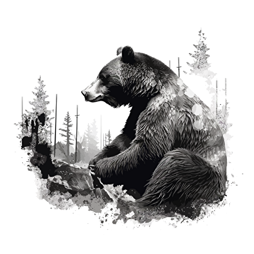 Grizzly bear eating a large chicken leg, black illustration on white, simple vector, black and white ::vector style