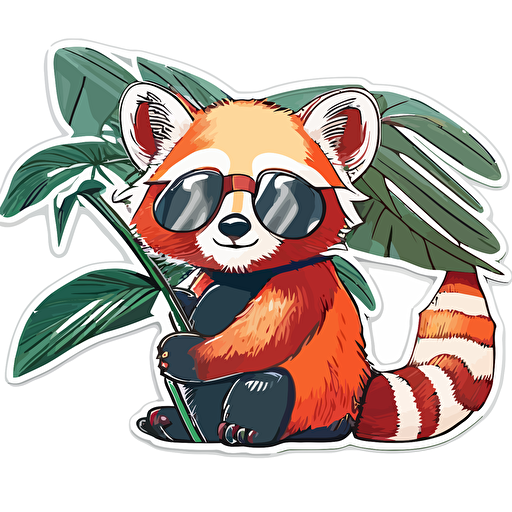 sticker, a Red Panda eating bamboo, with sunglasses, kawaii, contour, vector, white background
