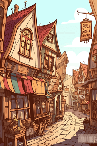 cartoon vector illustration of a group of shops at a renaissance festival with signs, colorful