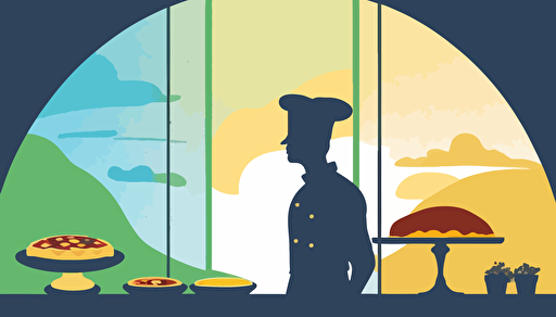 flat modern style illustration, half body flat silhouette of a baker, inside of silhouette of baker positive calm nature view with blue and yellow and green colors, calm on background, 2d vector