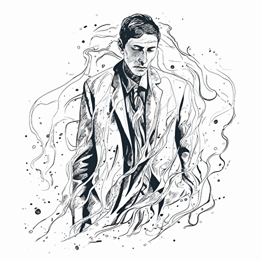 doodle art of a man self sabotage himself without background, flowing fabrics, simplistic vector art, subtle ink application, loose paint application