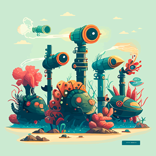 5 cartoony complex aquatic bazookas lined up, vector, theme is atlantic, coral, ocean, cartoony,bazooka, grenade launcher, turret, gun, flame thrower, 2D, concept art, Pet Simulator X