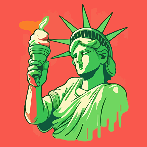 Illustration outline vector style of the Statue of Liberty holding a 7 Eleven Slurpee cup instead of a torch. Use the 7E colors green, red and orange color