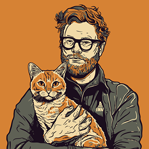 vector art style, 38 year old white male designer, thick rim glasses, holding a cat, in the style of Michael Parks