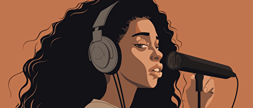 A girl speaking in front of a microphone, muted colors, 2d vector illustration with a grey background