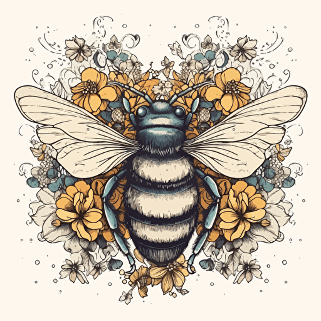 a beautiful honey bee with a surrounding floral design in detailed drawing style + simple vector + bright colors on a white background