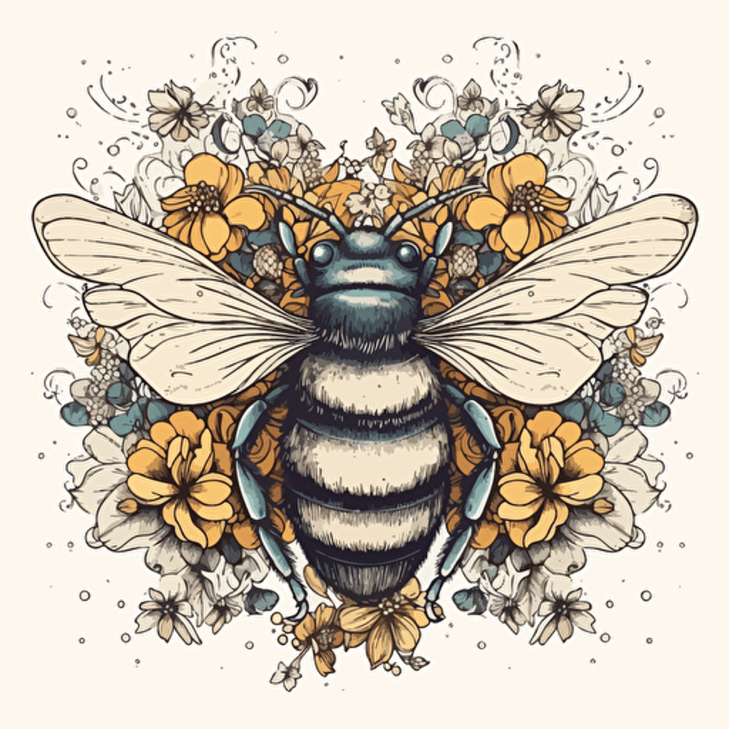 a beautiful honey bee with a surrounding floral design in detailed drawing style + simple vector + bright colors on a white background