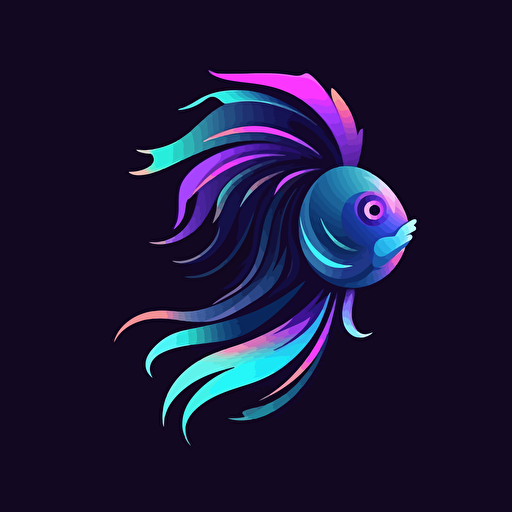 simple vector art logo, stylized design, colourful beta fish with focus on light violet, blue and black colors, shades of indigo colours, with shadows, pure black background