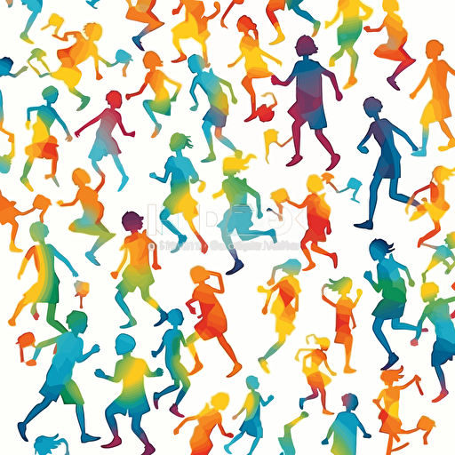Vector illustration, continuous repeating pattern of children running around playing, with white background, in vivid colors.