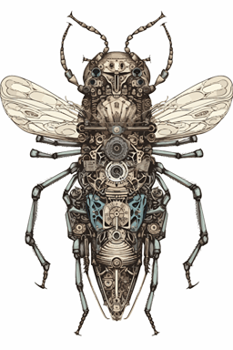 A surreal vector illustration of a giant mechanical insect, featuring intricate details and a unique design white background