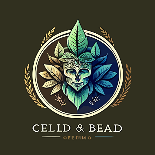 Design a logo for an online CBD store that captures the essence of nature and tranquility. The logo should feature a modern and clean design, incorporating natural elements such as leaves or flowers to reflect the natural ingredients used in CBD products with Image of a techno shaman. The color palette should include calming and soothing hues, such as green, blue, or purple. Include CBD-related imagery, such as a hemp plant or CBD oil dropper, to make it clear what the store specializes in. The logo should convey a sense of professionalism and trustworthiness while also appealing to customers seeking natural remedies,vector.