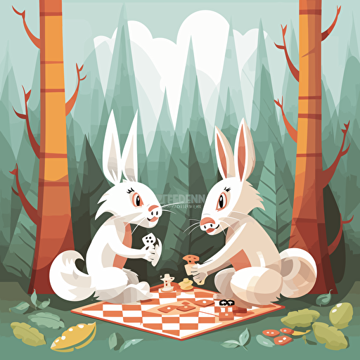 vector illustration of two happy rabbits playing checkers in a forest