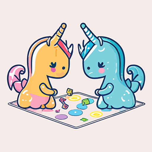 Dragon and unicorn play against each other in boardgame, ticker, colorful, kawaii, contour, vector, white background