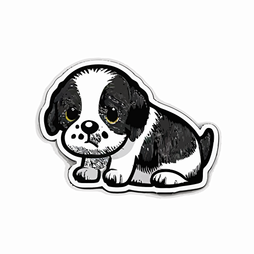 die-cut sticker, cute black and white puppy , bumble bee on its nose, white background, illustration minimalist, vector