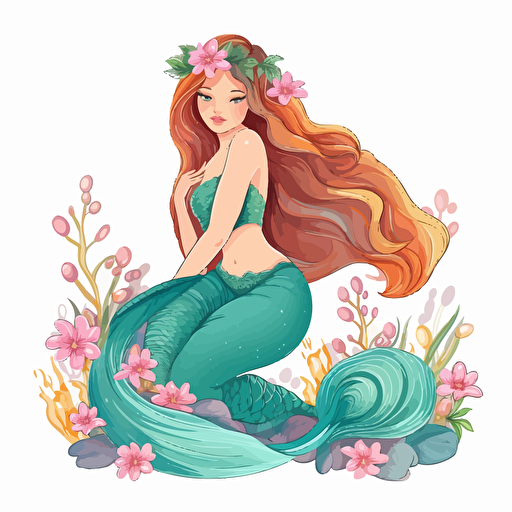 mermaid, detailed, cartoon style, 2d clipart vector, creative and imaginative, floral, hd, white background