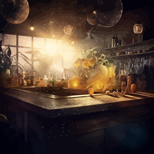 one juicy fruit at the bar counter, analog, smoky, distorted, abstract, fantasy scene, dimmed lights, depth of field, rough, textured, grainy surface, dusty, vector, colour areas
