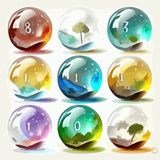 Collection of twelve transparent exploding marbles with a small town inside. Nature is represented. Vector styling. Very colored. White background