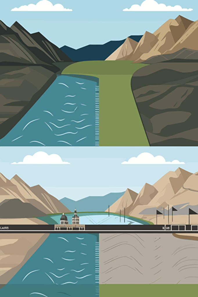 Create an vector illustration depicting a river with a water dam seperates it. The upstream section is surrounded by mountains, The downstream section has concrete riverbank, located in urban areas.