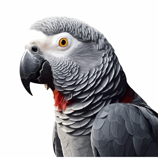 African Grey Parrot bird looking straight in the camera, white bg, vector