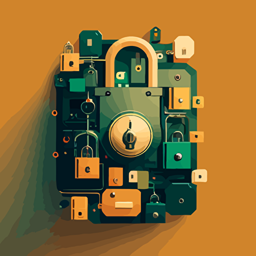a simplistic vector imagine of locks, keys, vault doors and padlocks to convey a sense of security using using the colors butterscotch, champagne, light orange, midnight green, and caribbean current aspect ratio 16:9