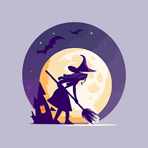 a playful vector logo illustration with a full moon and a witch broom that is like a rocket, minimalist, vector design, purple and silver, flat colors, large file, full res, AI