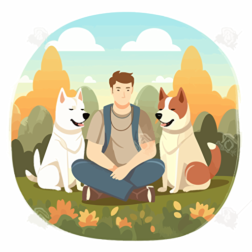 man sitting on grass with three akita-inu dogs, beautiful background, cartoon, vector style, cute, colorful